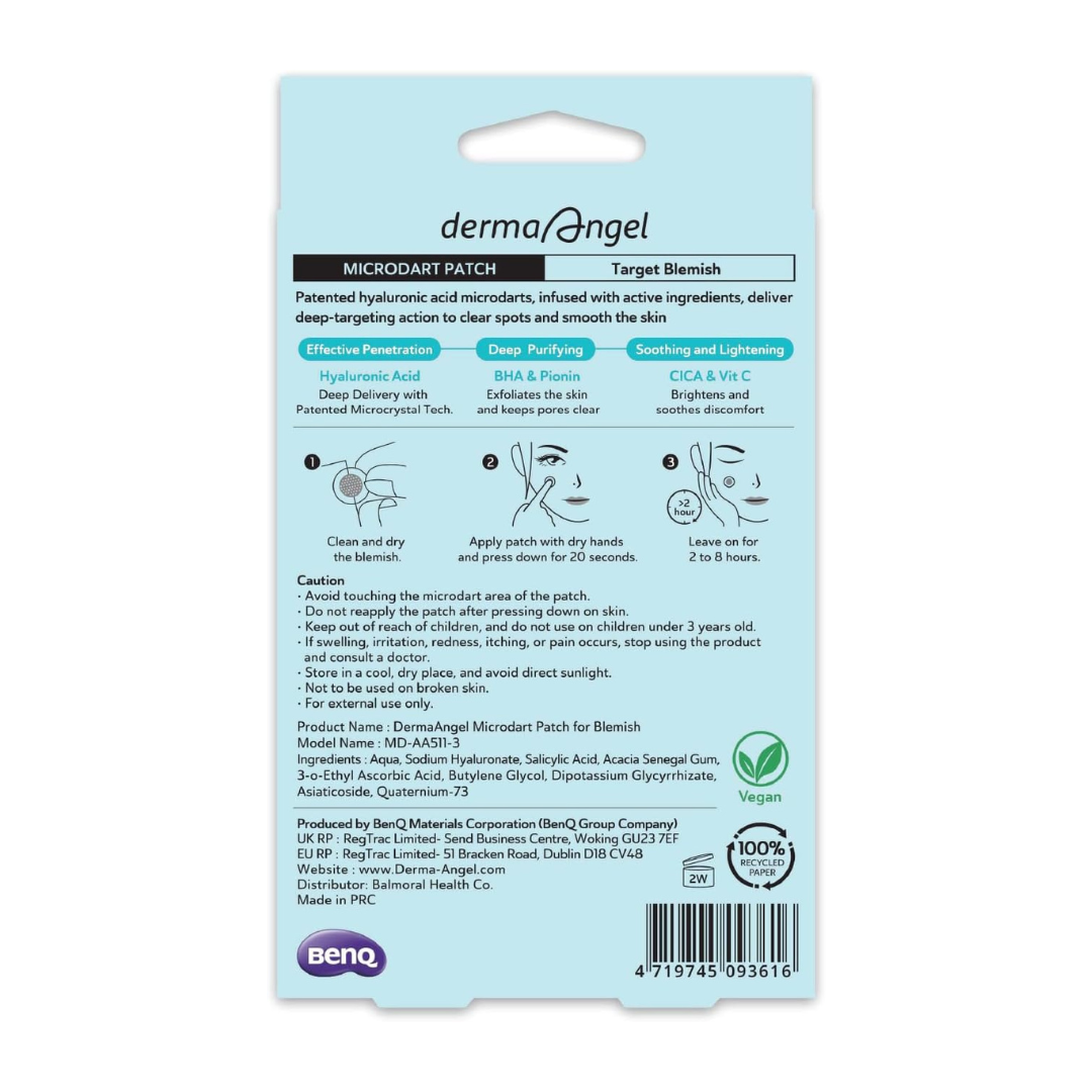 Back of dermaAngel Microdart Patch package with directions, ingredients, and barcode