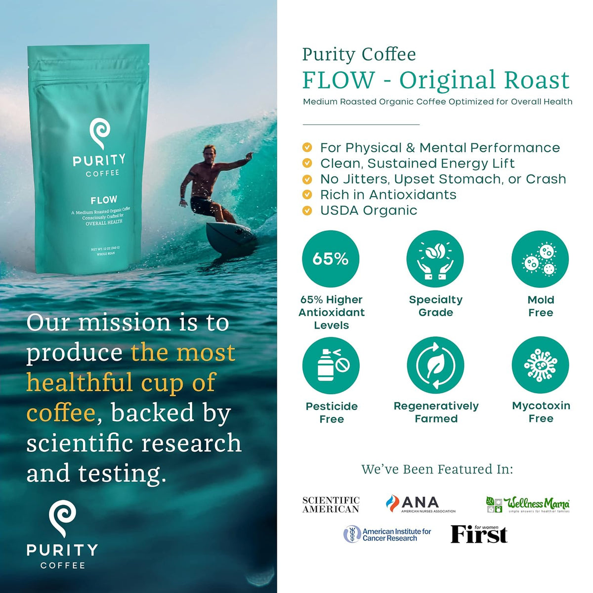 Purity Coffee Organic Mold Free Medium Roast Whole Bean Coffee