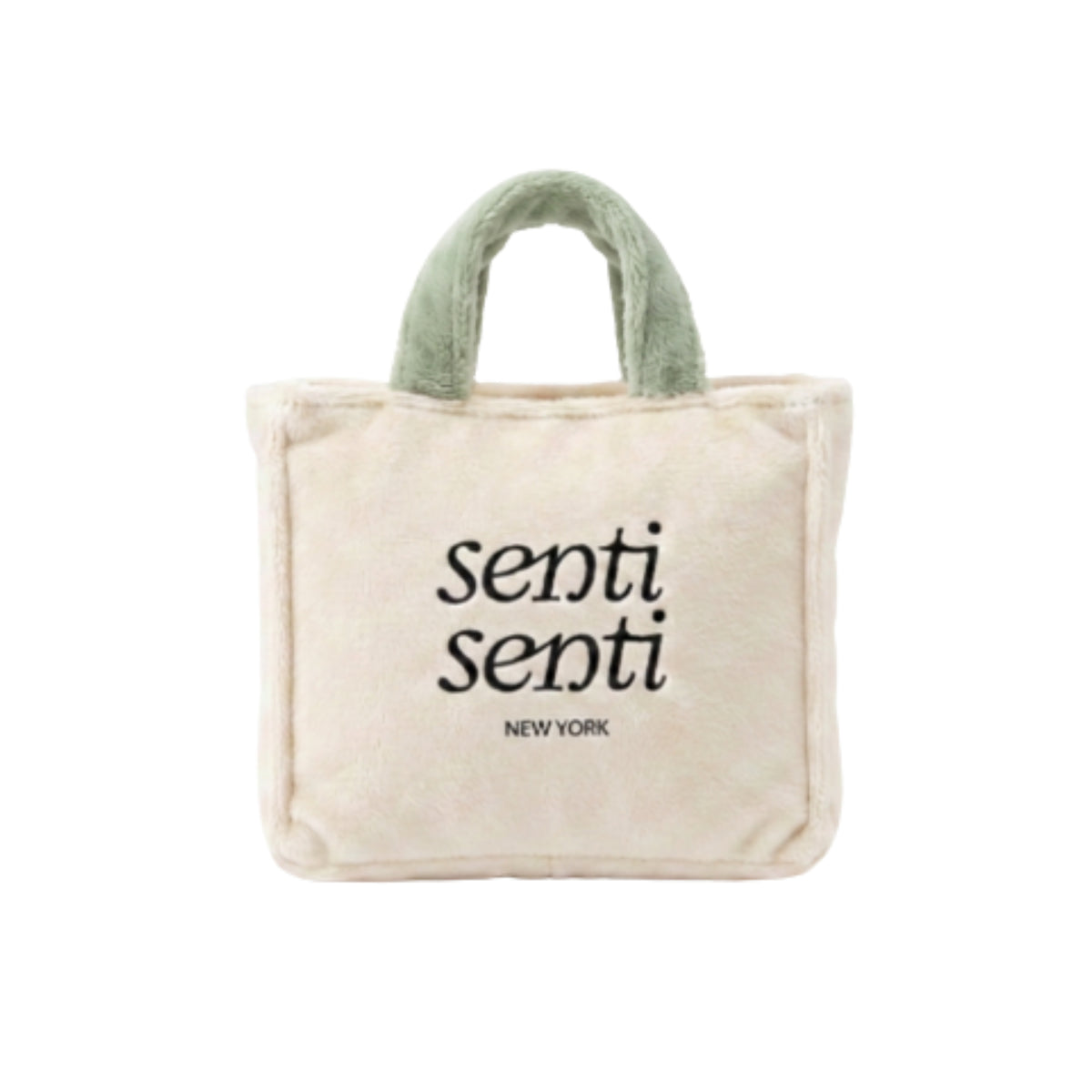Beige plush tote bag dog toy with green fabric handle and "senti" logo