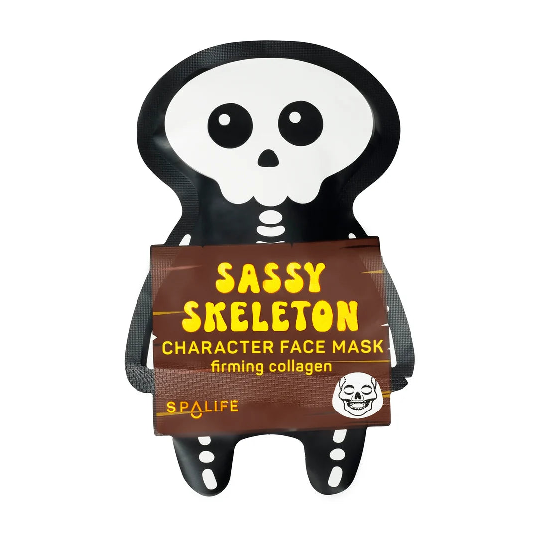 Sassy Skeletón character face mask sachet with cartoon skeleton face