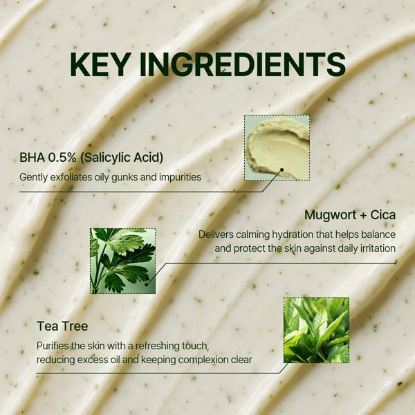 Key ingredients infographic on creamy foam with mugwort and cica labels