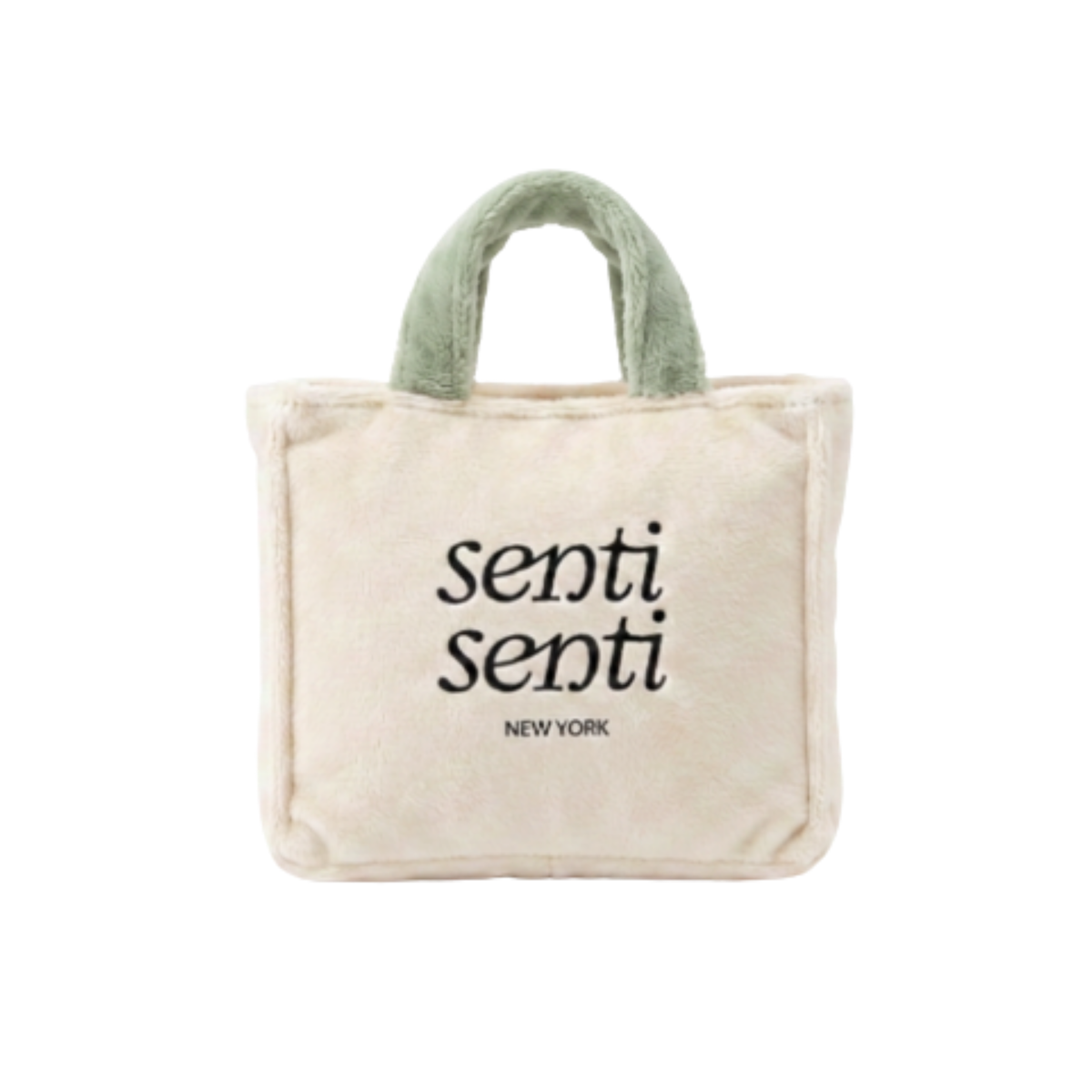 Cream fabric tote bag with sage green handles and “senti” logo