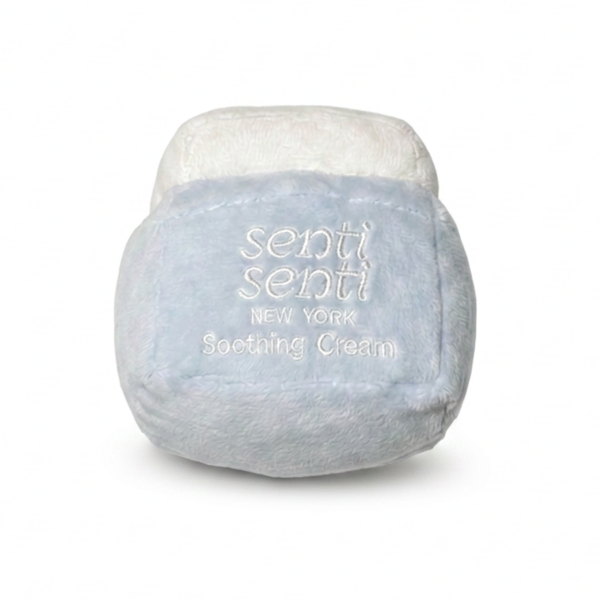 Light blue plush cream ball dog toy with "senti senti" text