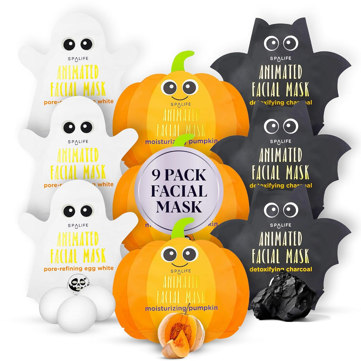 9-pack animated Halloween facial masks with pumpkin, ghost, and bat designs